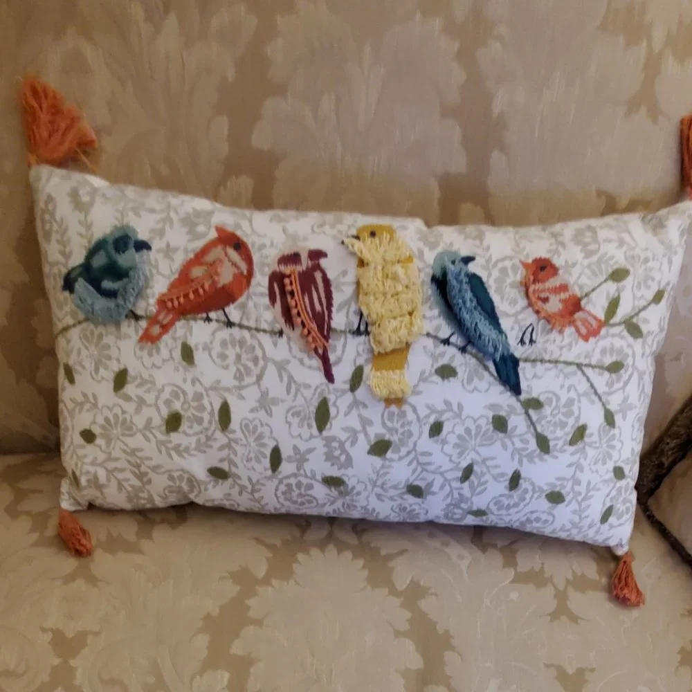 * PIER 1 Embroidery 6 Birds In A Branch with Tassel Ends 24 X 12
